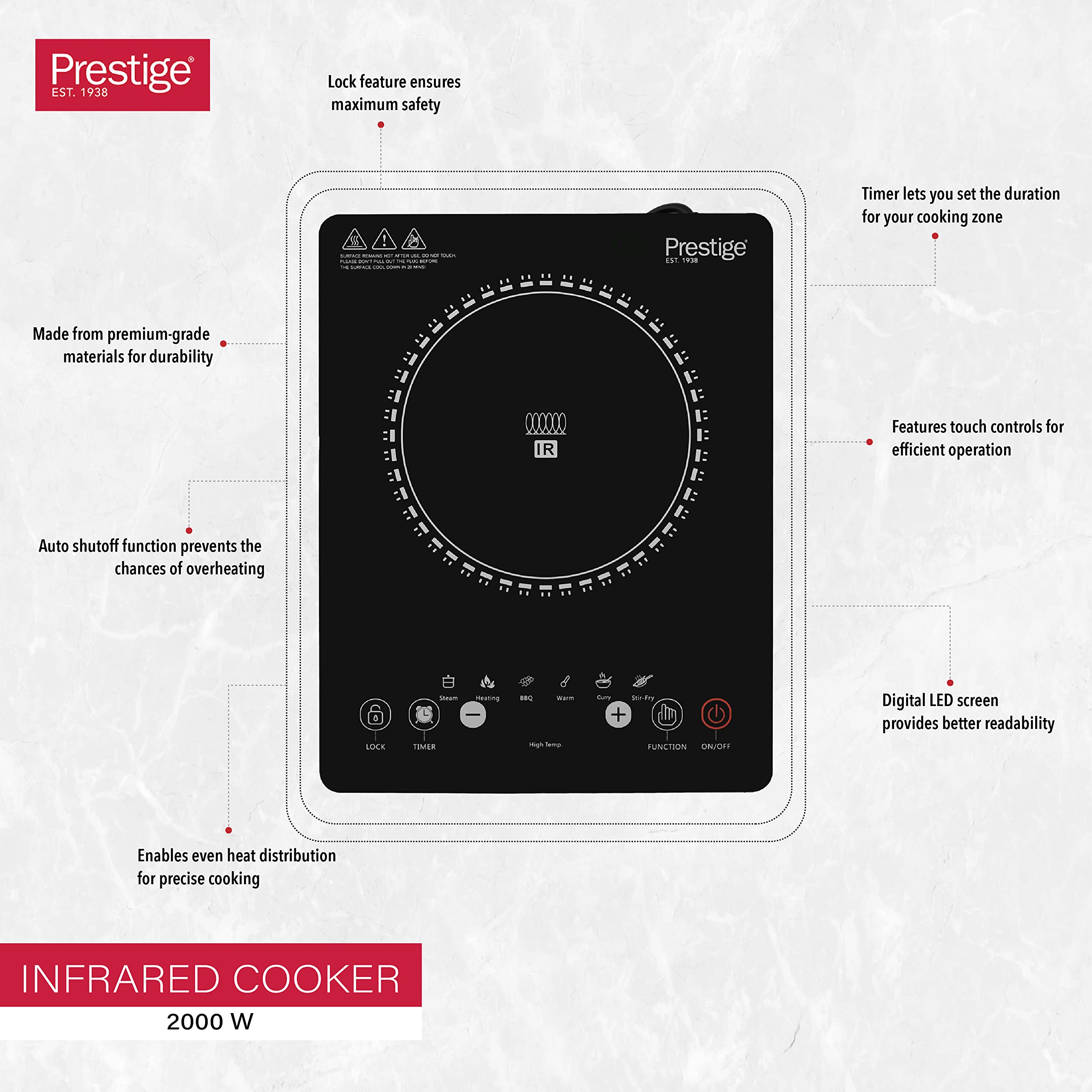 Prestige Infrared Single Cooktop, 8 Digital Temp Control, Touch Control, 2000 Watts, Black موقد فردي يعمل بالأشعة تحت الحمراء بقدرة 2000 وات، بلون أسود، ووزن 3.1 كغم، PR7505 من برستيج Prestige Infrared Single Cooktop, 8 Digital Temp Control, Touch Control, 2000 Watts, Black موقد فردي يعمل بالأشعة تحت الحمراء بقدرة 2000 وات، بلون أسود، ووزن 3.1 كغم، PR7505 من برستيج